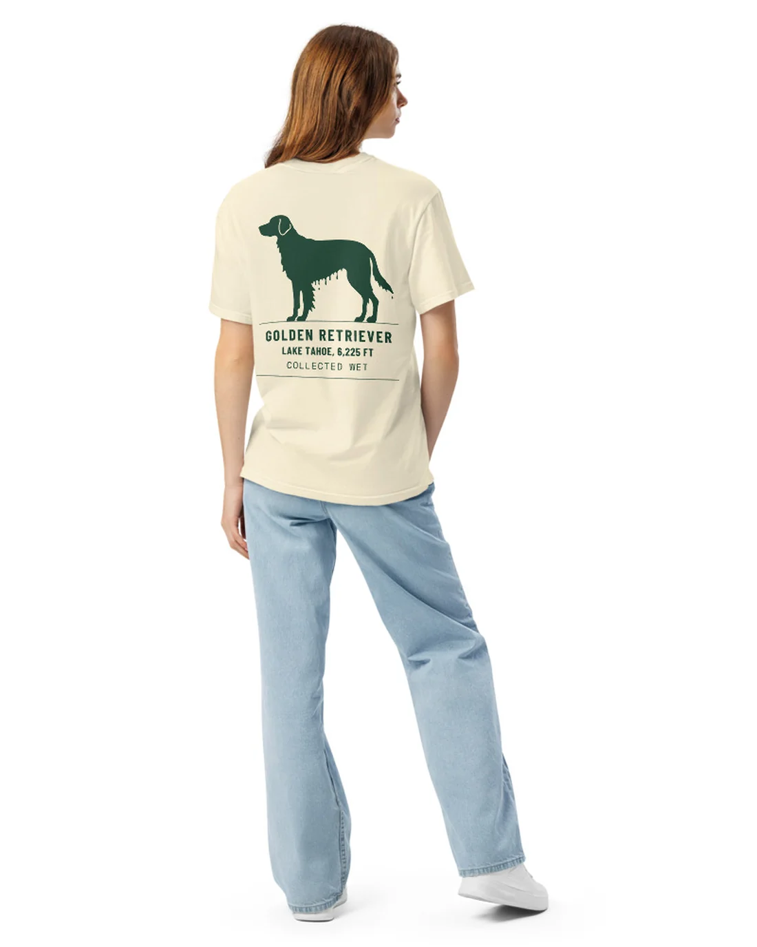 The Collected Wet design on a tee, worn by a model, from the back.