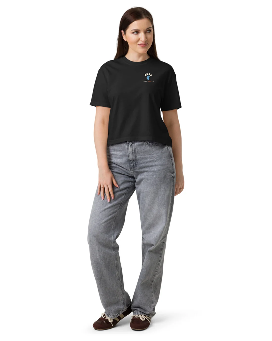 The front of the I'm With Stinky women&rsquo;s fit tee, worn by a model, with the Tahoe Bark Co. logo at the heart.