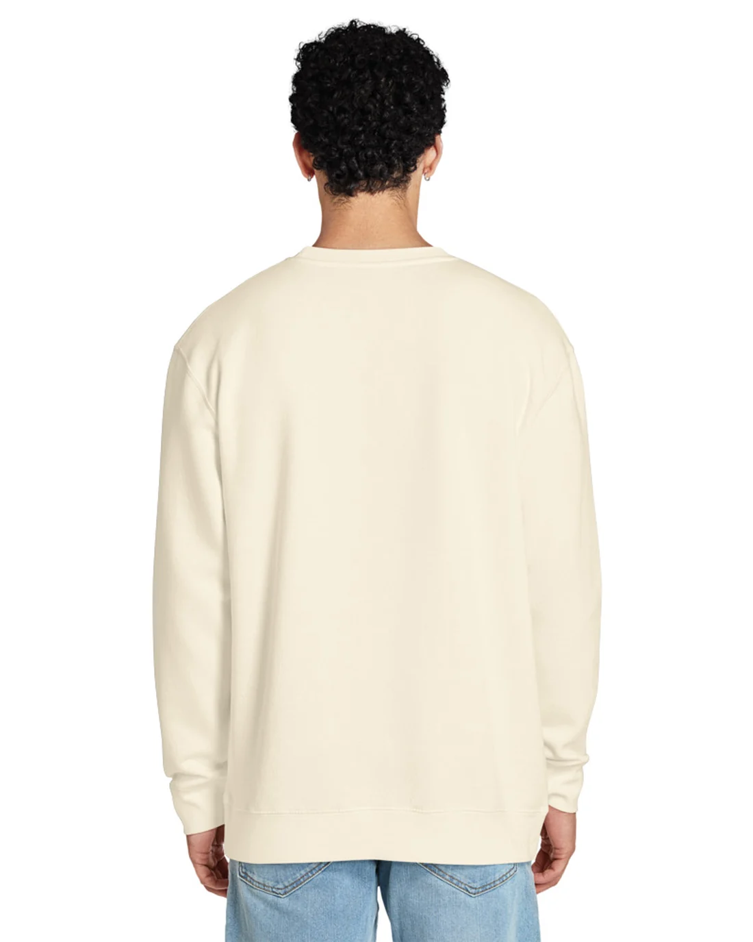 The plain back of the Comes When Called crewneck, worn by a model.