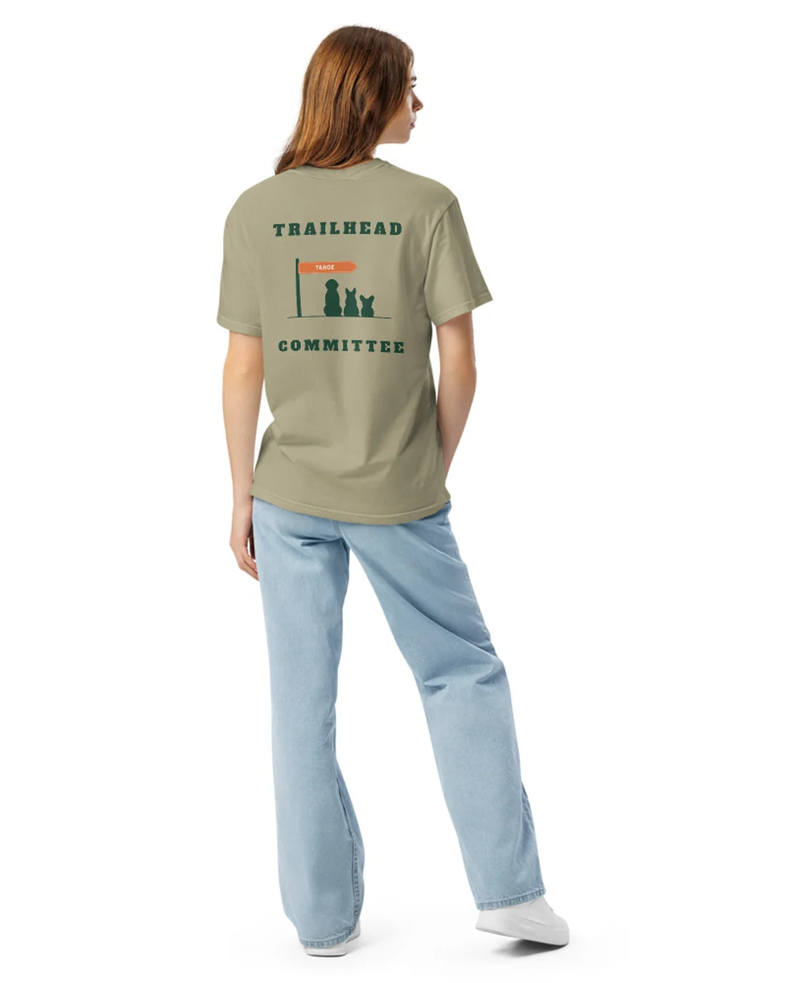 The Trailhead Committee design on a tee, worn by a model, from the back.