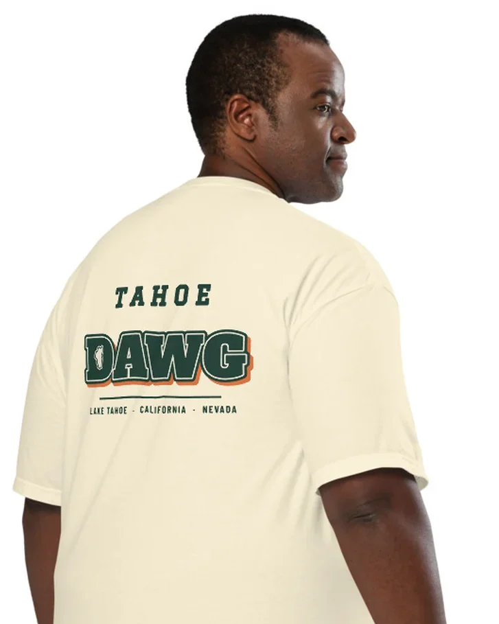 The Tahoe Dawg design on a tee, worn by a model, from the back.