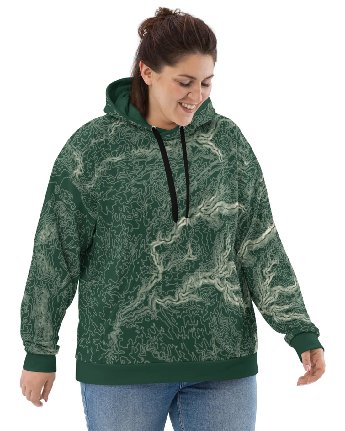 The front of the 1,645 Feet Deep hoodie, the same map printed all over it.