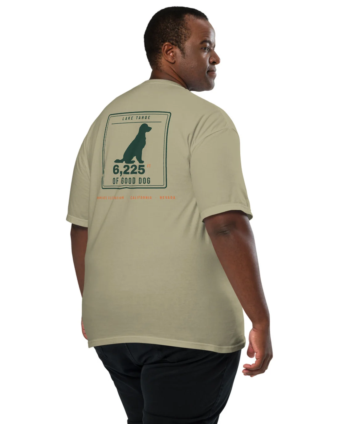 The back of the 6,225 FT of Good Dog tee, worn by a second model.