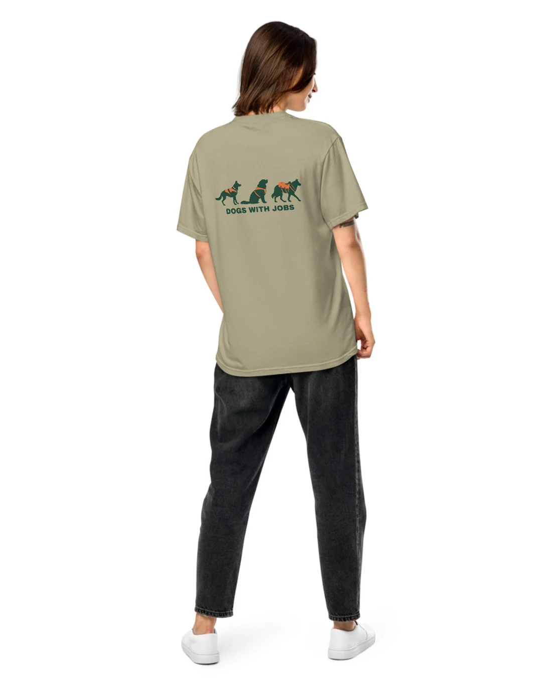 The back of the Dogs With Jobs tee, worn by a second model.