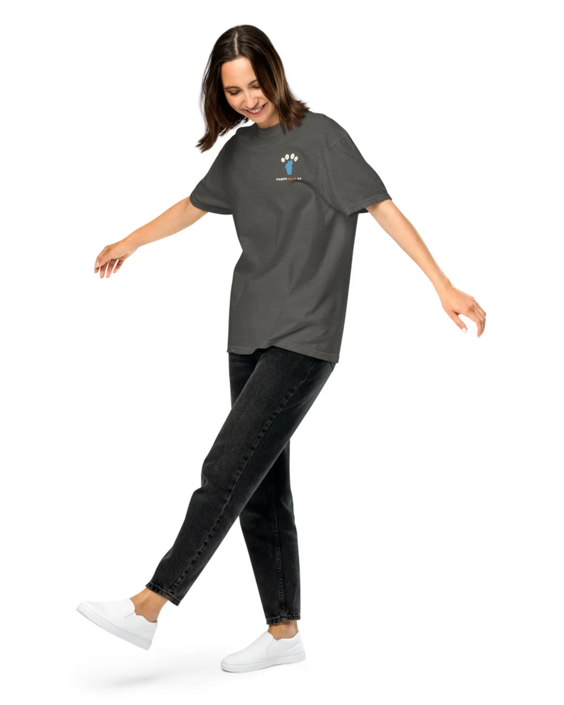 The front of the Zoomies tee, worn by a second model, with the Tahoe Bark Co. logo at the heart.