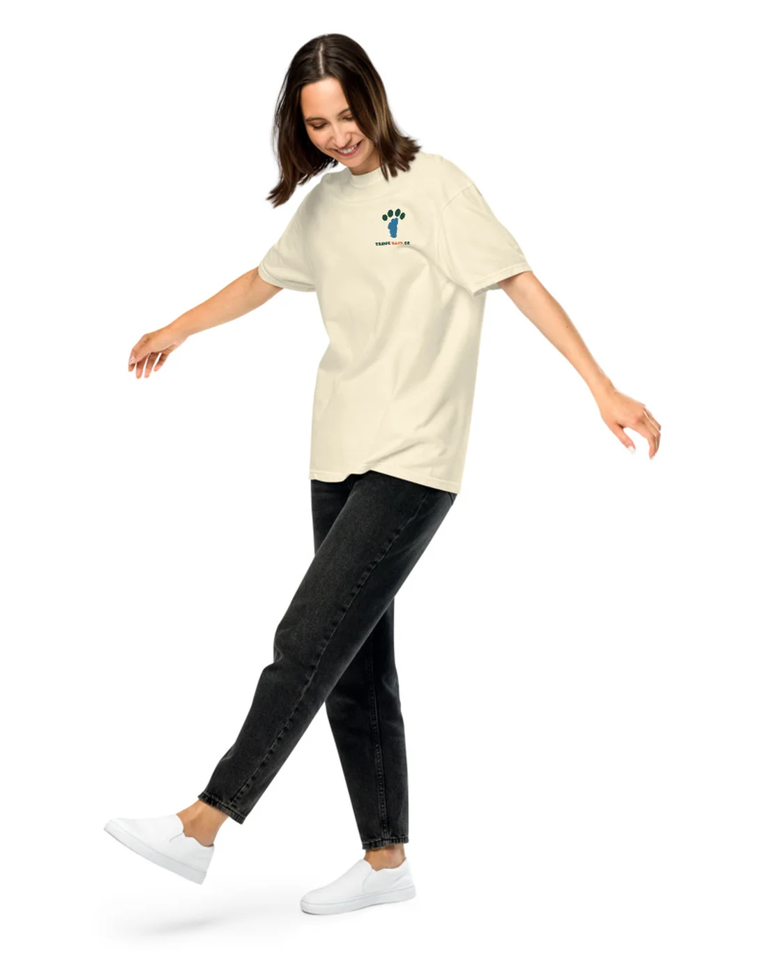 The front of the Tahoe Dawg tee, worn by a second model, with the Tahoe Bark Co. logo at the heart.