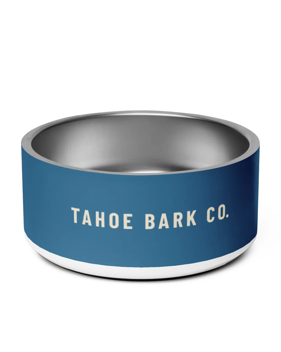 The back of Anything But This Bowl: TAHOE BARK CO. in cream across the lake blue band.