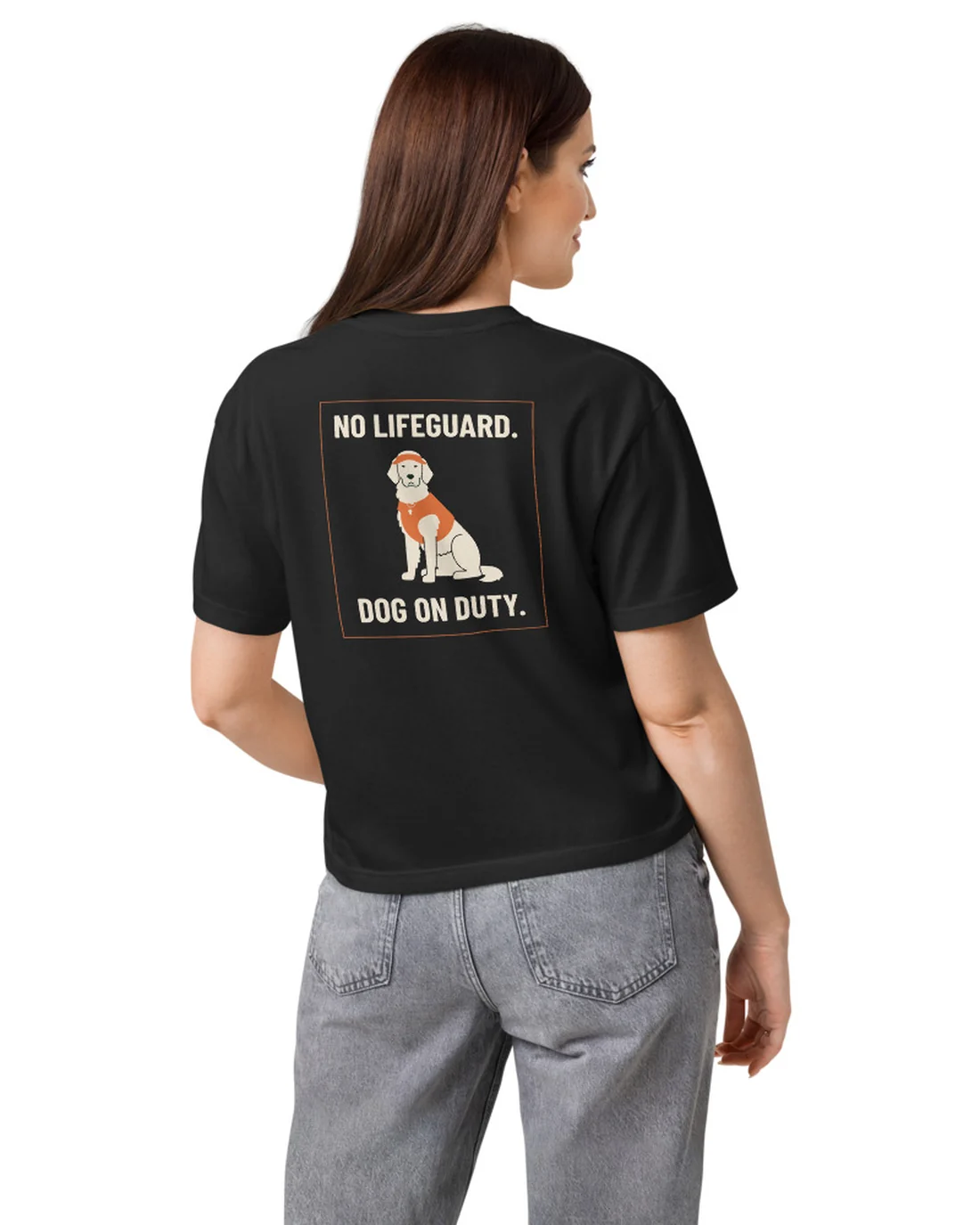 The back of the Dog on Duty women&rsquo;s fit tee, worn by a model.
