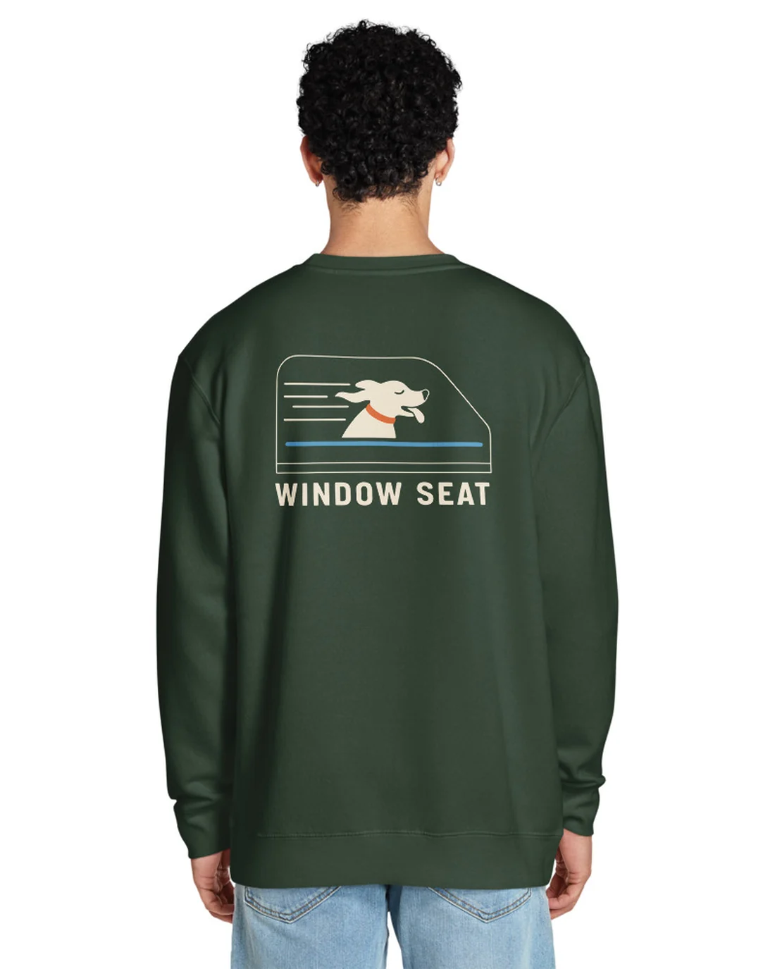 The Window Seat design on a crewneck, worn by a model, from the back.