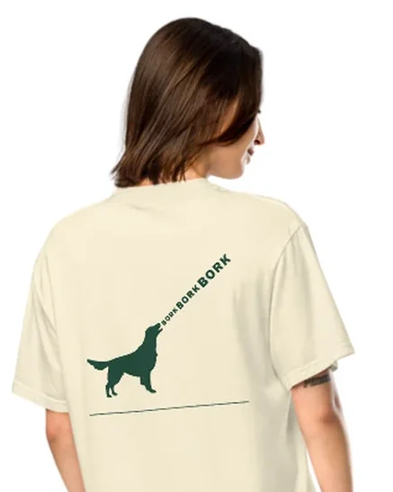 The Bork Bork Bork design on a tee, worn by a model, from the back.