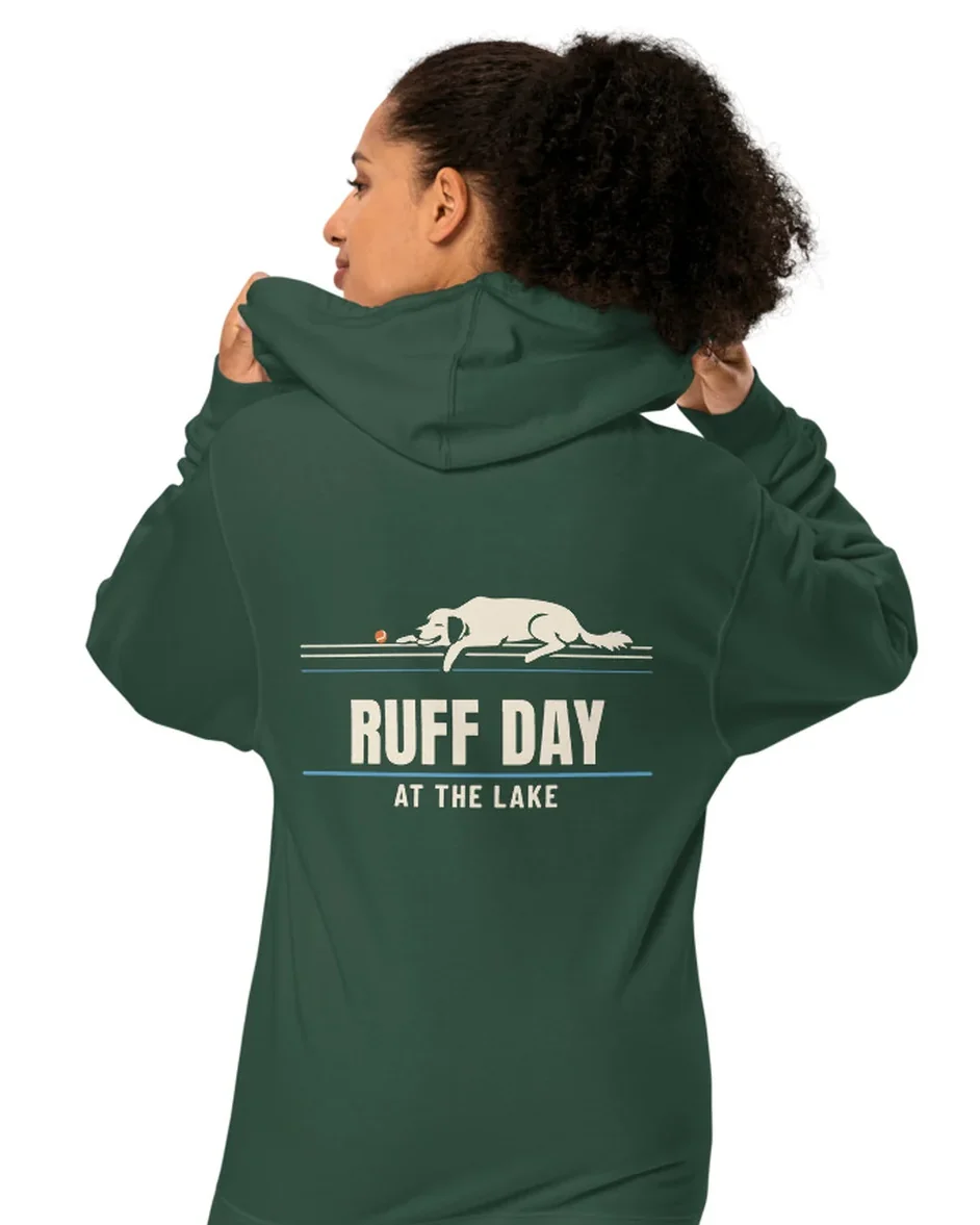 The Ruff Day at the Lake design on a hoodie, worn by a model, from the back.