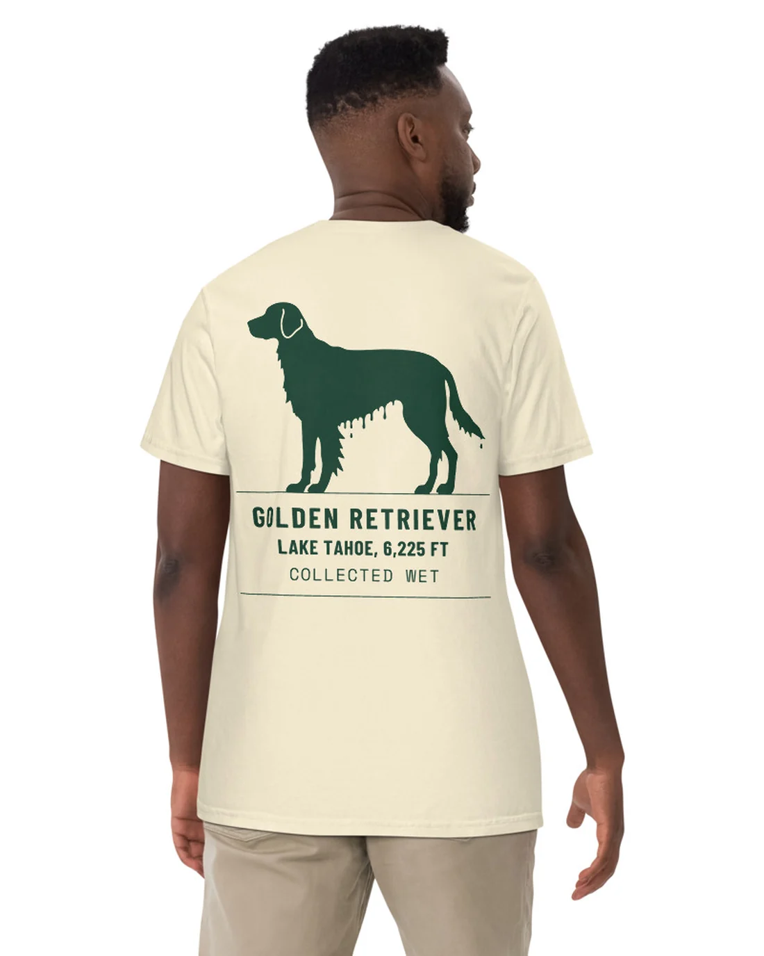 The back of the Collected Wet tee, worn by a second model.