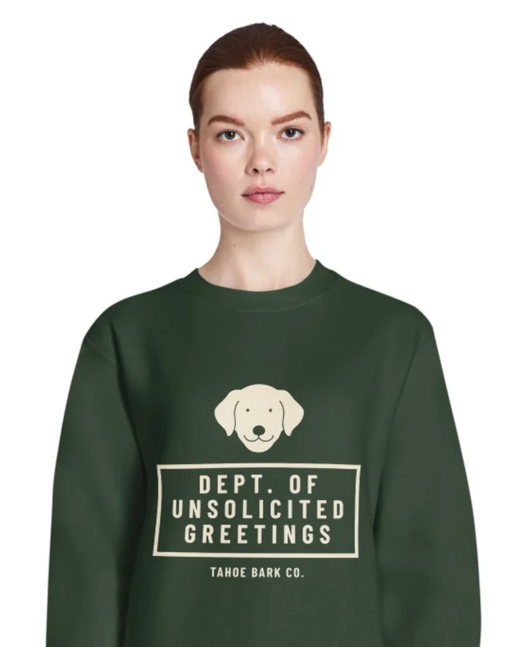 The Dept. of Unsolicited Greetings design on a crewneck, worn by a model.
