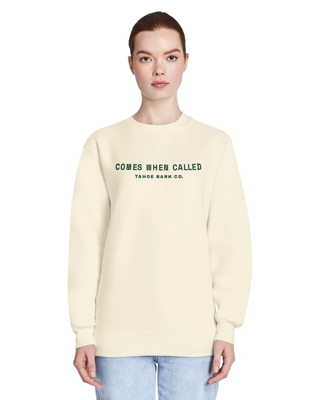 The front of the Comes When Called crewneck, worn by a second model.