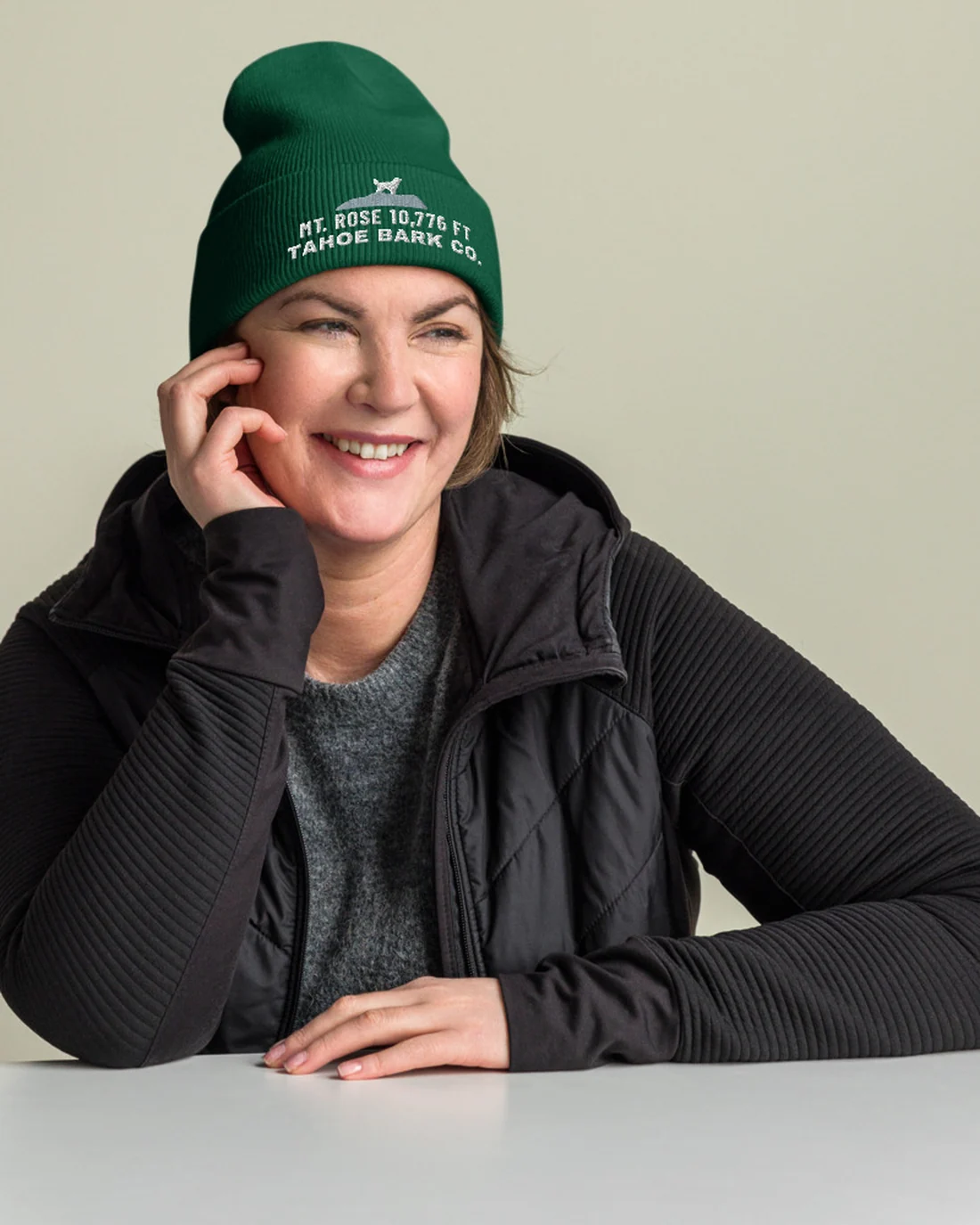 The Mt. Rose design on a beanie, worn by a model.
