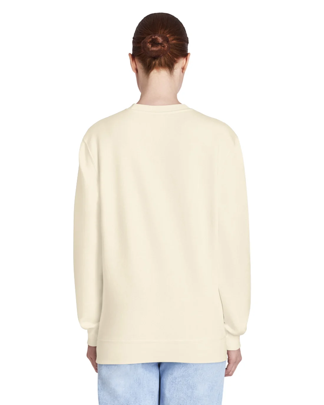 The plain back of the Comes When Called crewneck, worn by a second model.