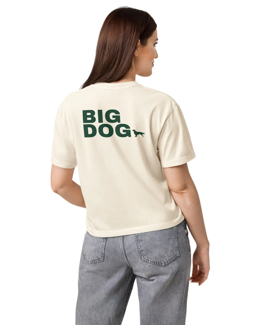 The back of the Big Dog women&rsquo;s fit tee, worn by a model.