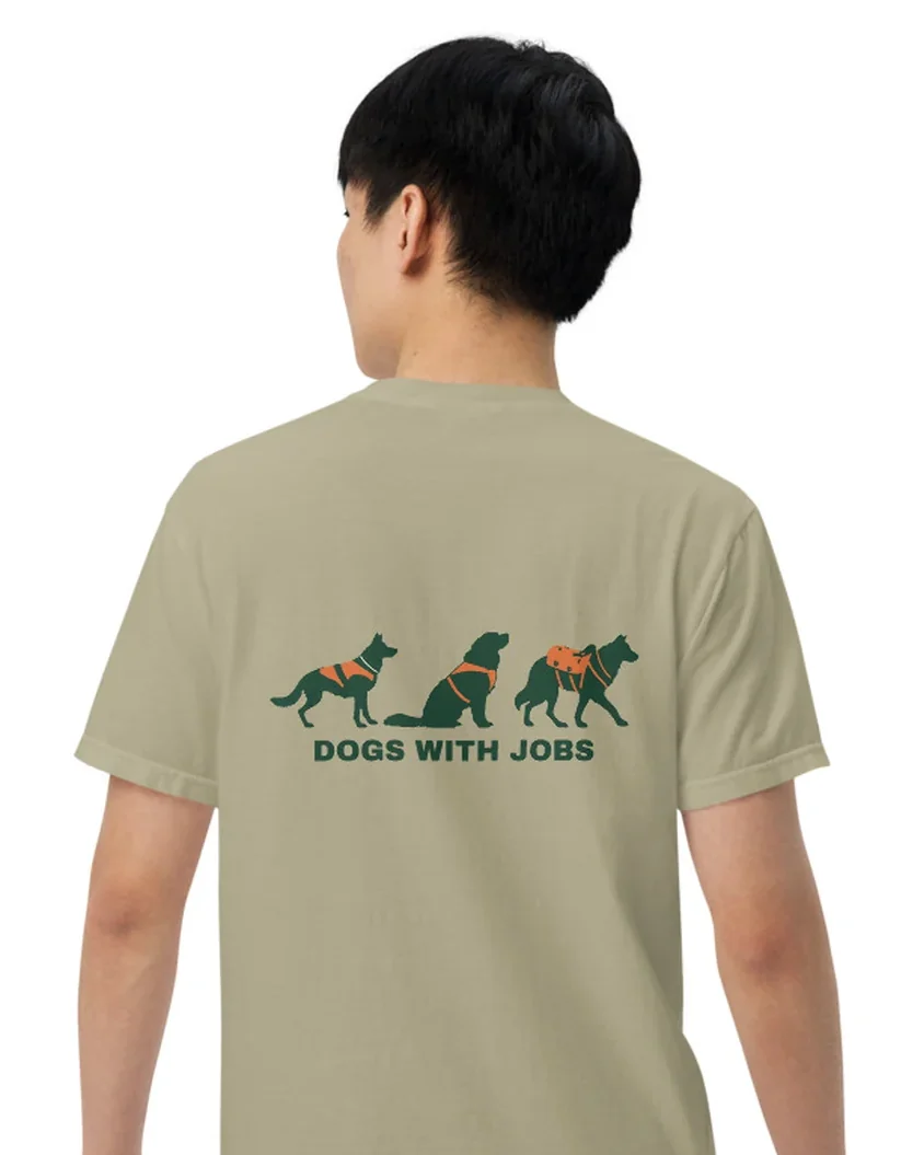 The Dogs With Jobs design on a tee, worn by a model, from the back.