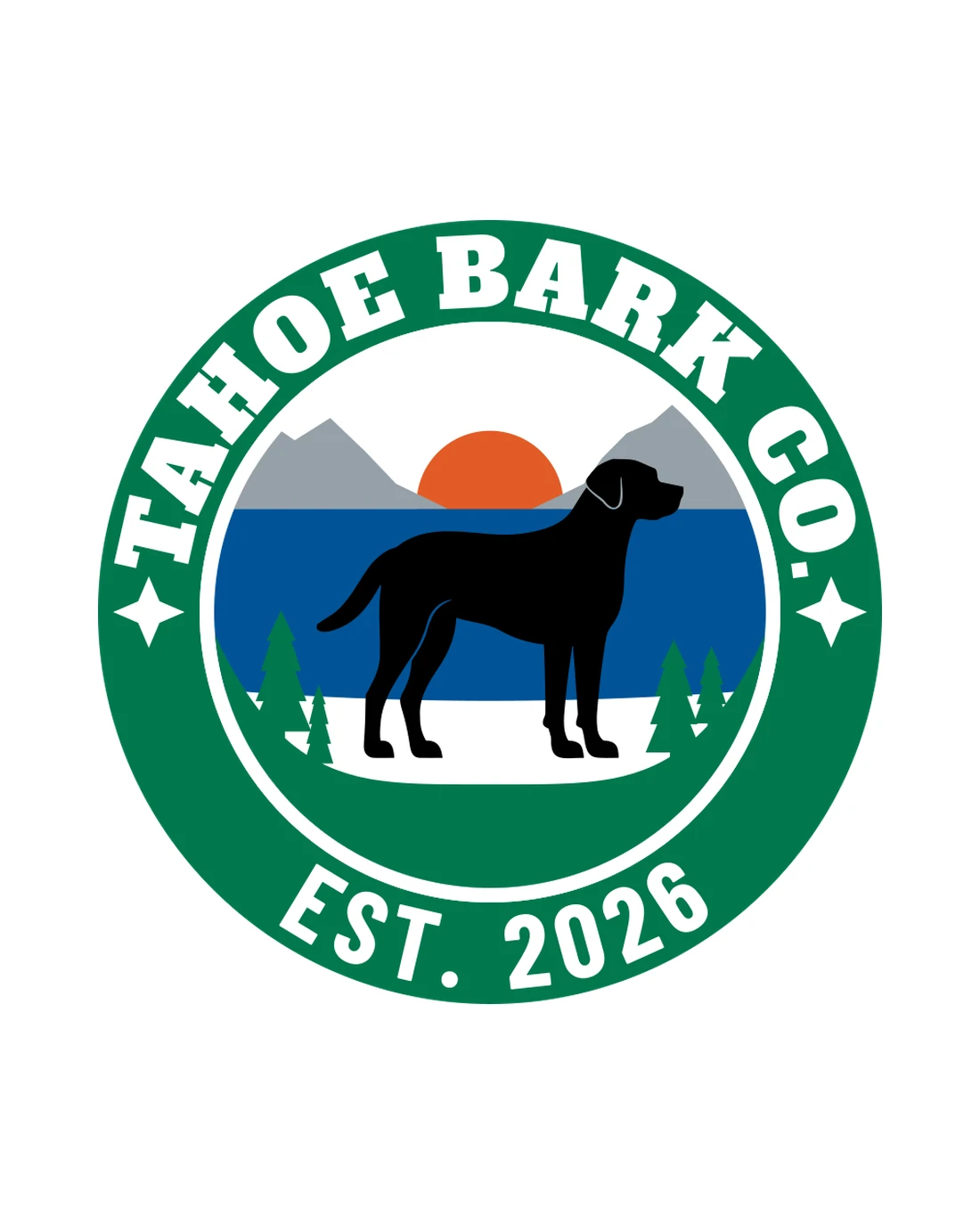 The Tahoe Bark Co. Patch as embroidered: TAHOE BARK CO. arched across a green ring over a black dog on the shore of a blue lake, an orange sun between grey ridges, firs either side, EST. 2026 beneath