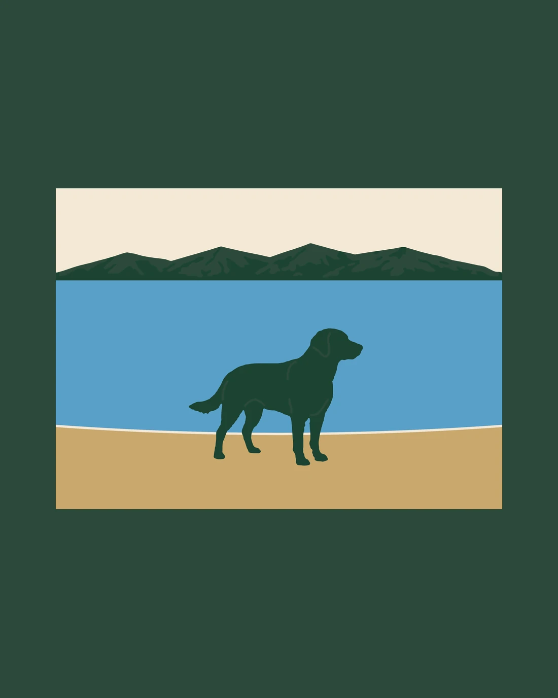 Flat Water as printed on the back: a dog in pine standing on golden sand at the water's edge, a calm blue lake behind him running back to the mountains under a cream sky
