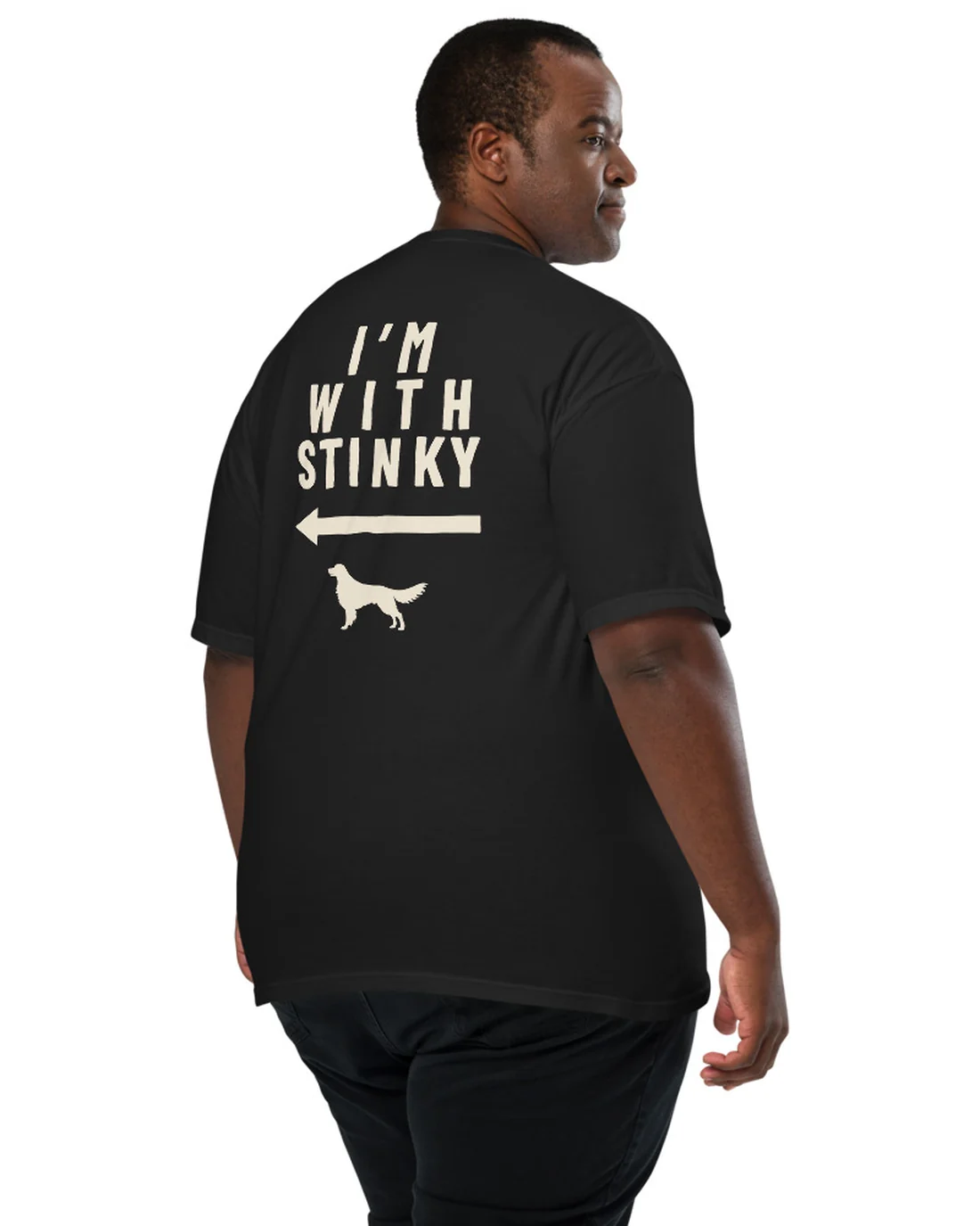 The I'm With Stinky design on a tee, worn by a model, from the back.