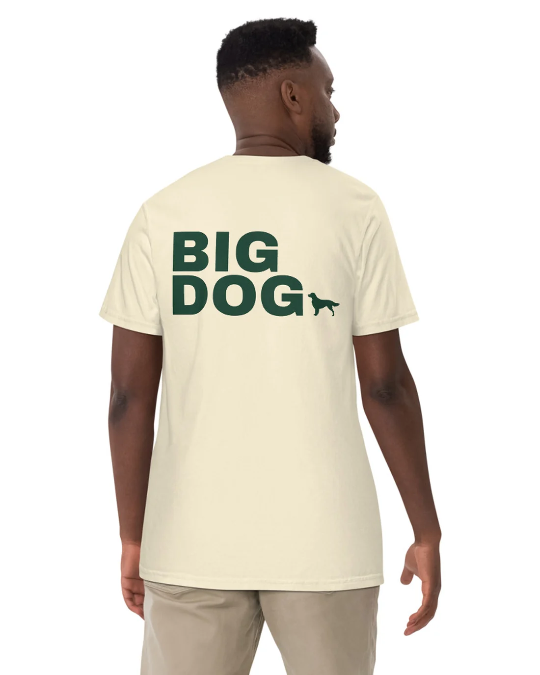 The Big Dog design on a tee, worn by a model, from the back.