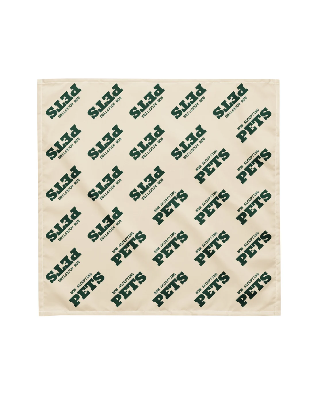 The Now Accepting Pets design on a bandana, laid flat.