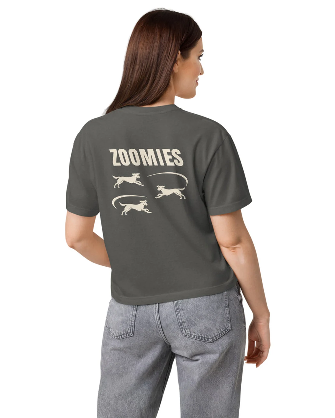 The back of the Zoomies women&rsquo;s fit tee, worn by a model.