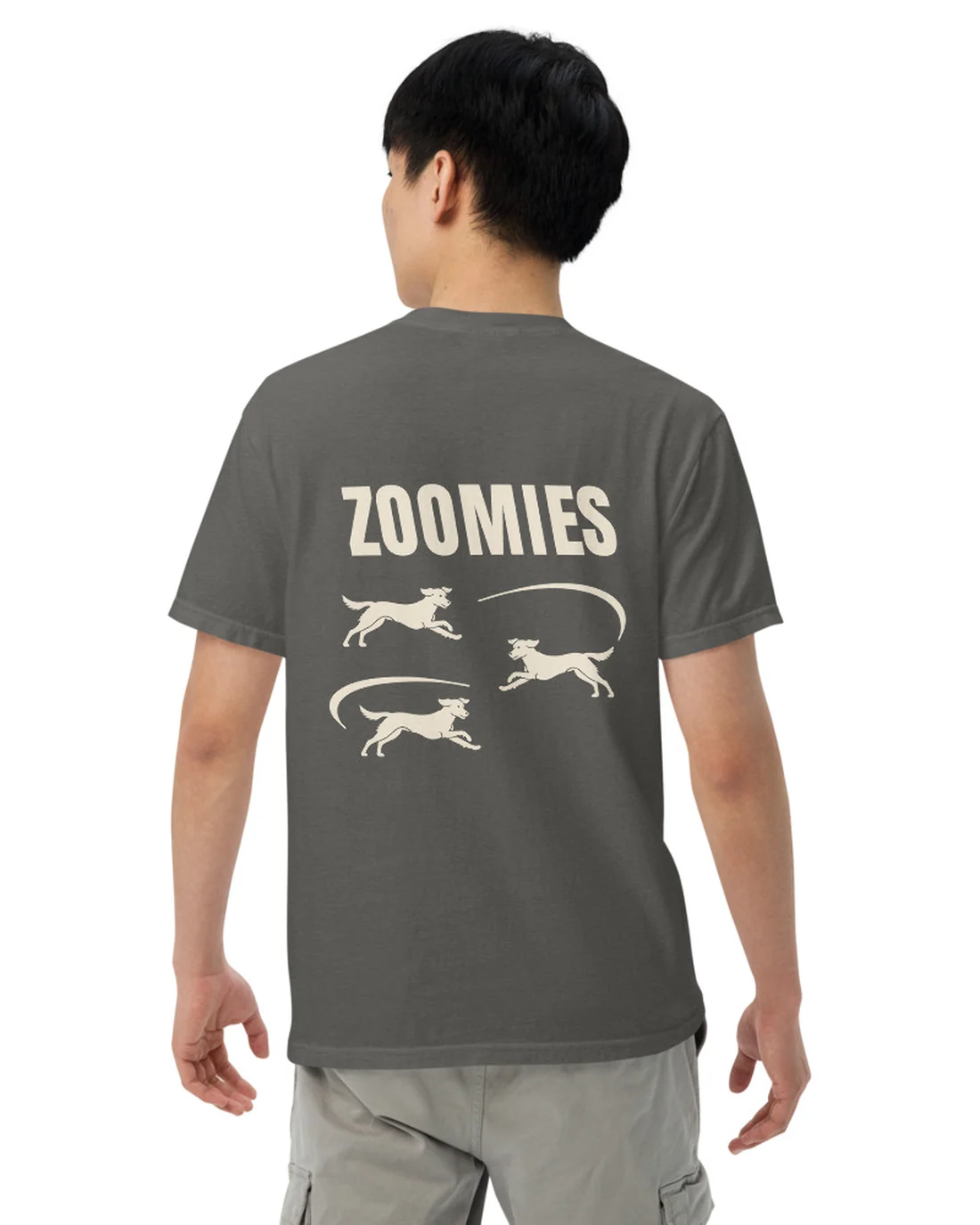The Zoomies design on a tee, worn by a model, from the back.