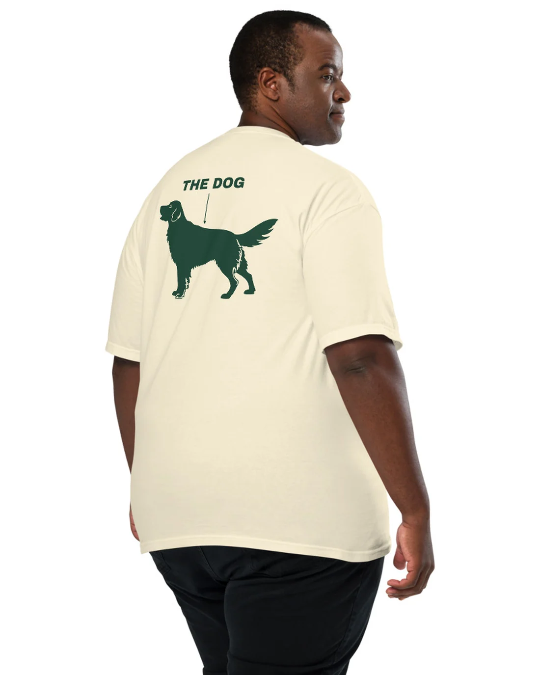 The back of The Dog tee, worn by a second model.