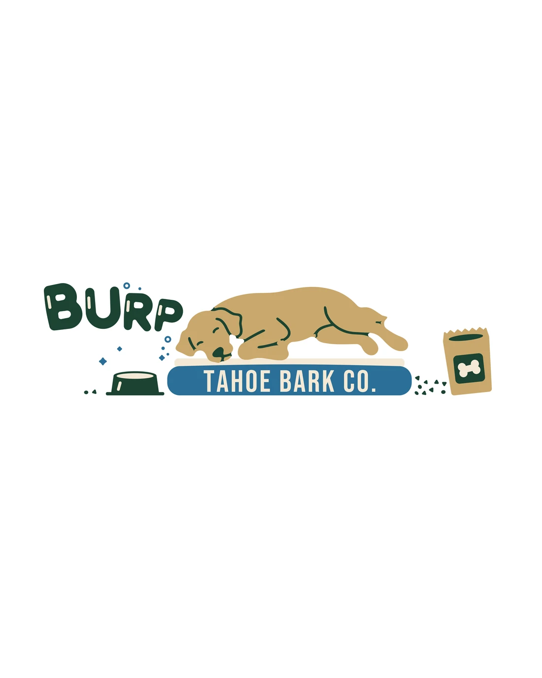 Burp as it prints around the mug: BURP in pine bubble letters over a licked-clean bowl, a golden retriever asleep on a lake blue bed lettered TAHOE BARK CO., and spilled kibble