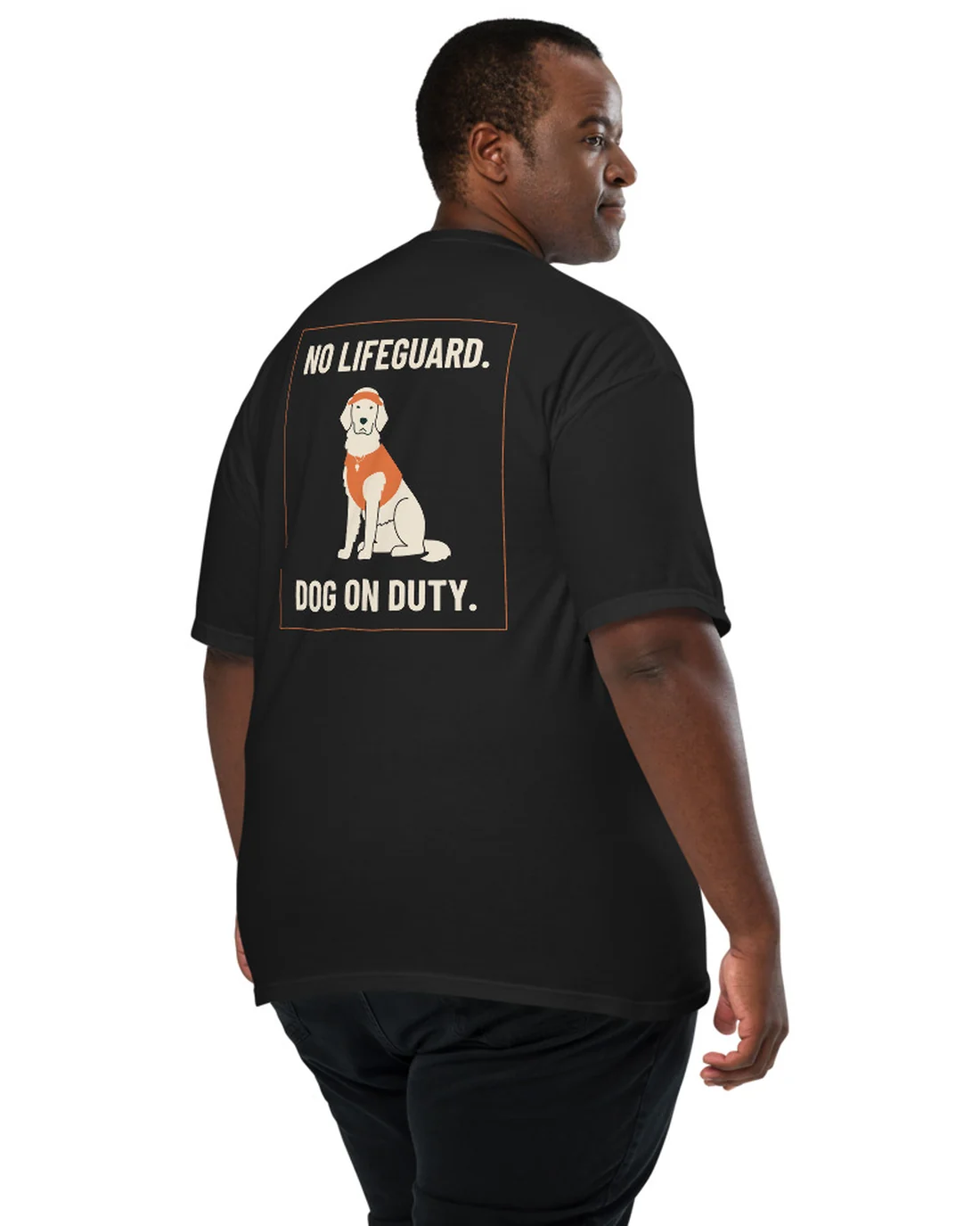 The Dog on Duty design on a tee, worn by a model, from the back.