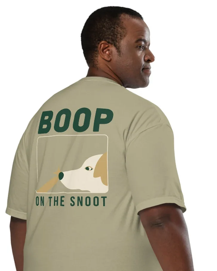 The Boop on the Snoot design on a tee, worn by a model, from the back.