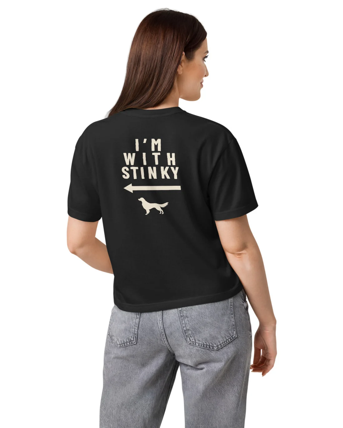 The back of the I'm With Stinky women&rsquo;s fit tee, worn by a model.