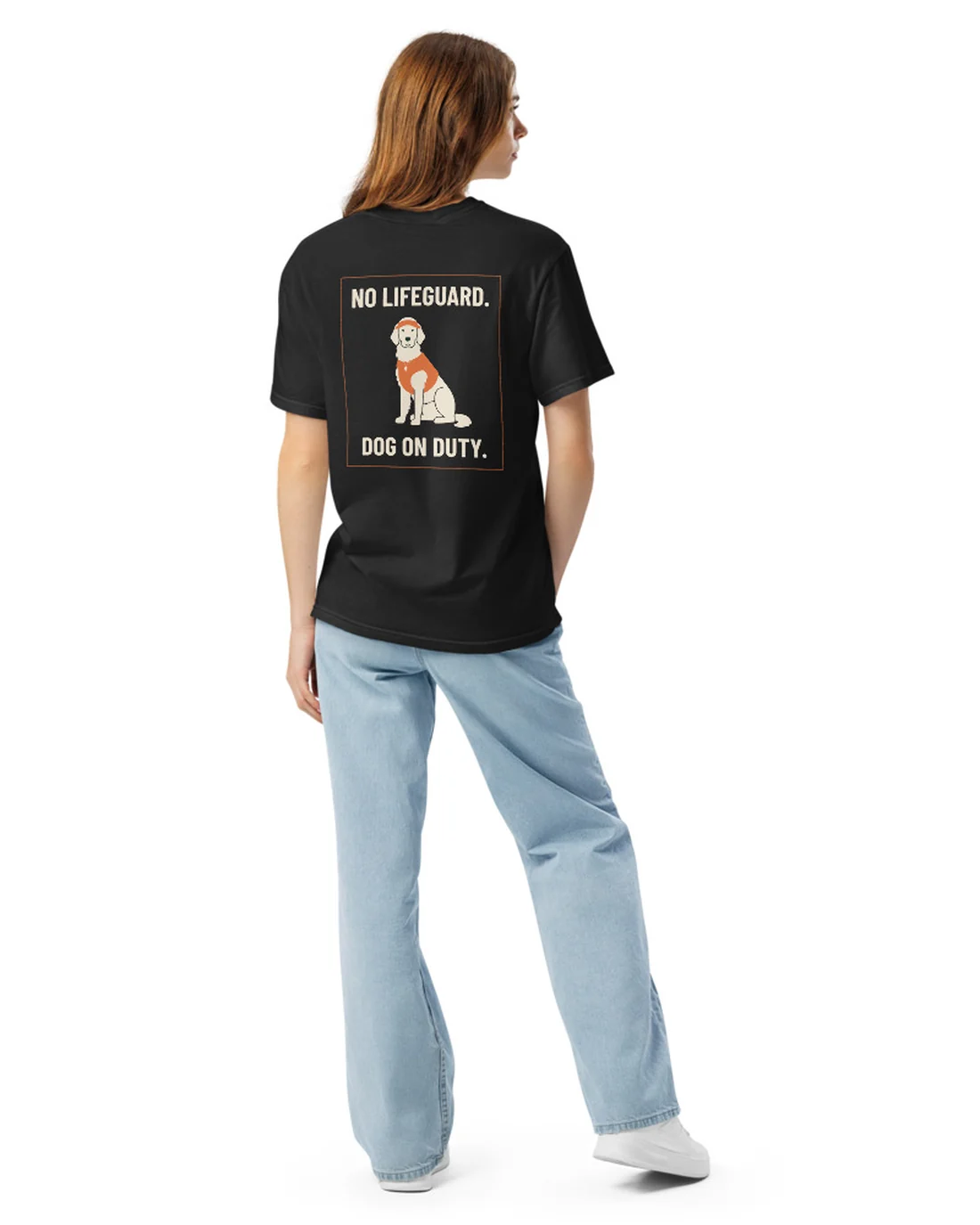 The back of the Dog on Duty tee, worn by a second model.