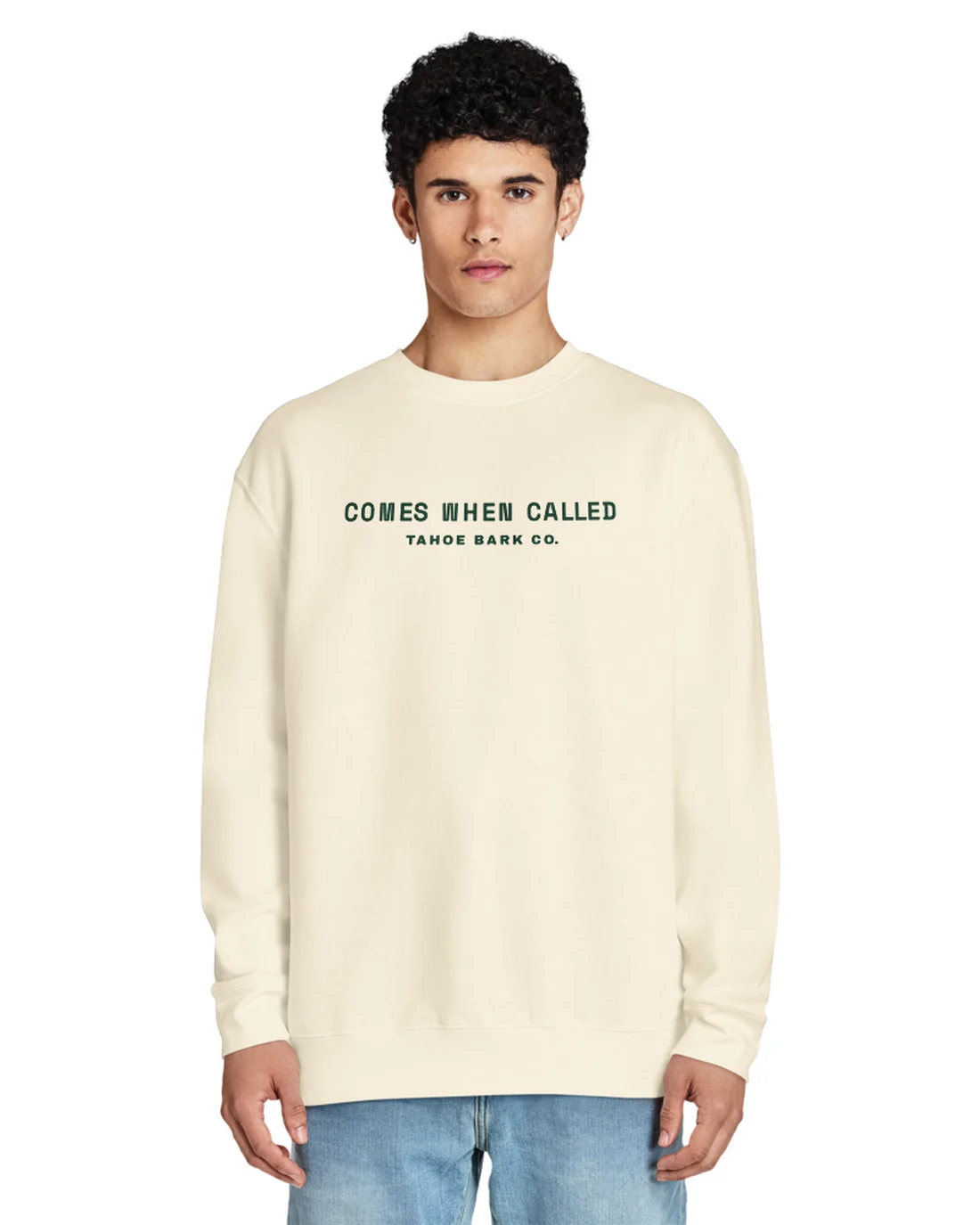 The Comes When Called design on a crewneck, worn by a model.