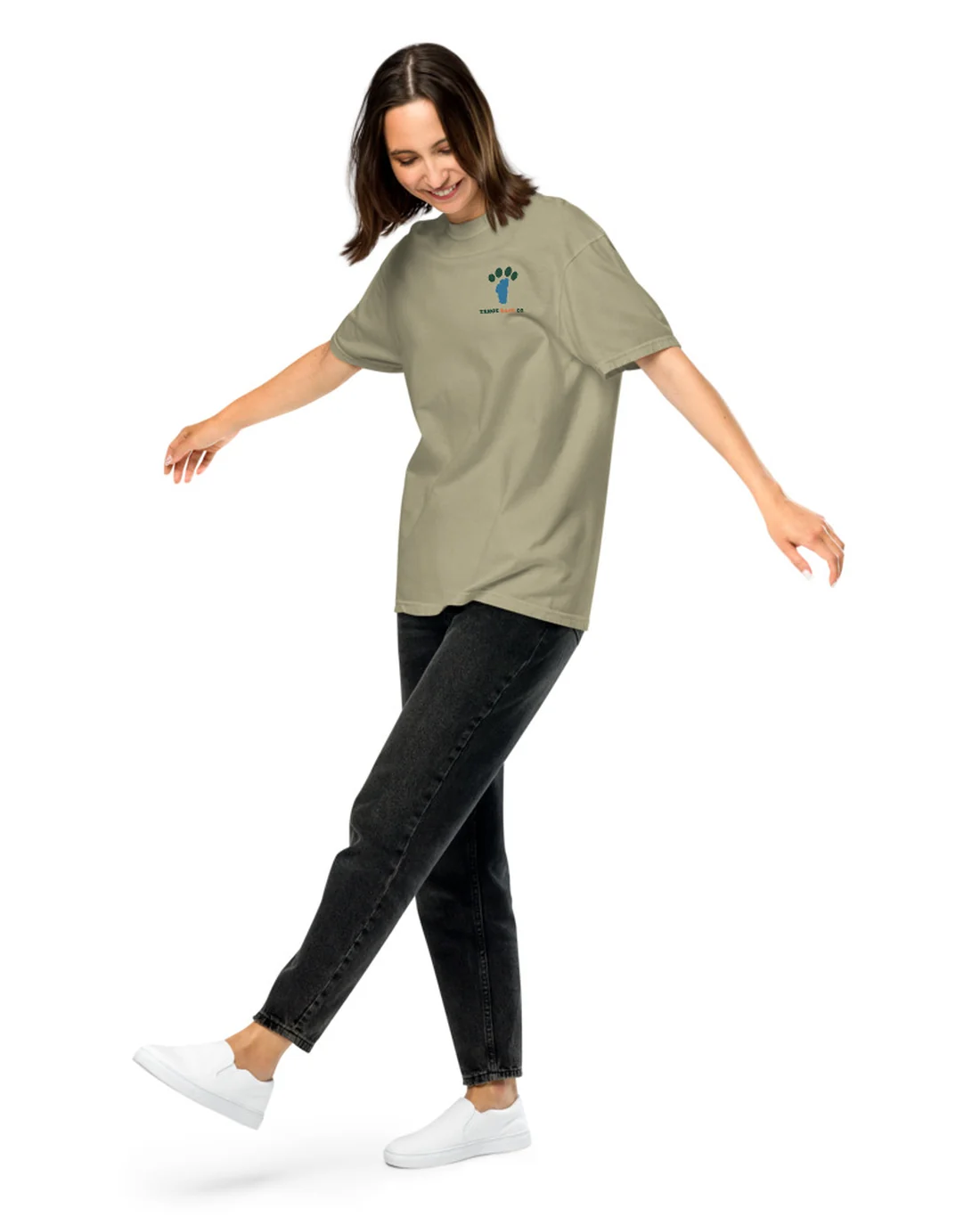 The front of the Very Inconvenient tee, worn by a second model, with the Tahoe Bark Co. logo at the heart.