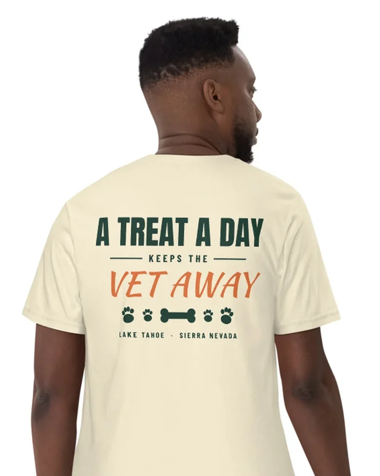 The A Treat A Day design on a tee, worn by a model, from the back.