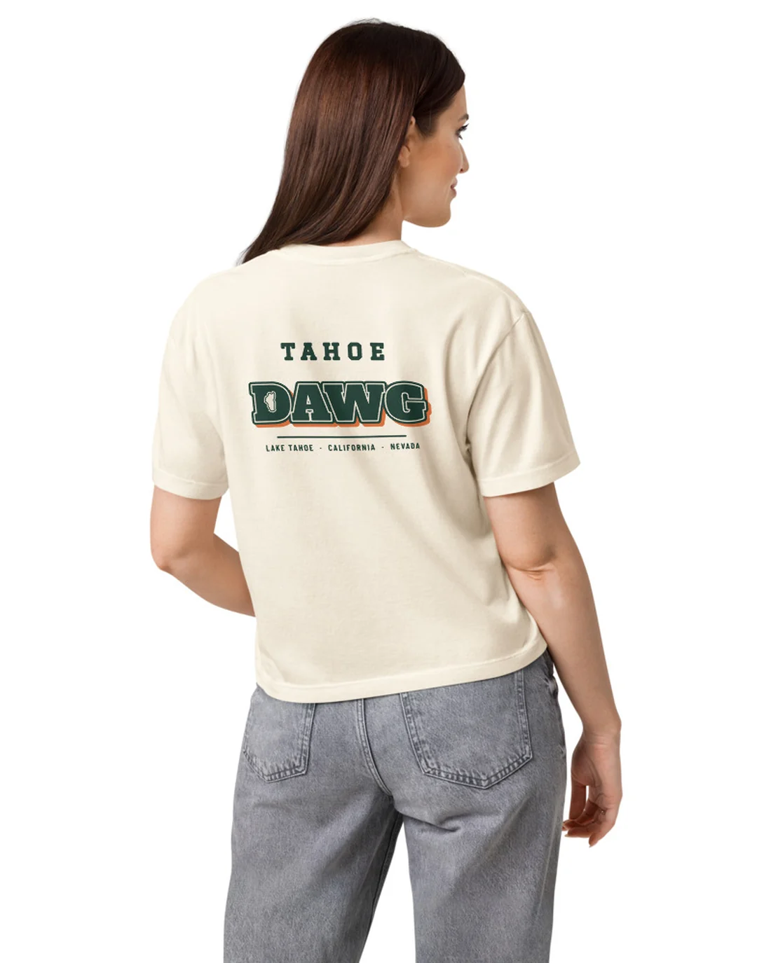 The back of the Tahoe Dawg women&rsquo;s fit tee, worn by a model.