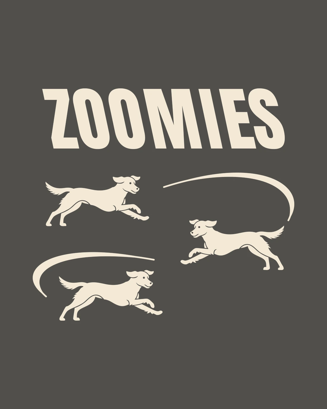 Zoomies: ZOOMIES over three dogs running flat out, two swept trails between them