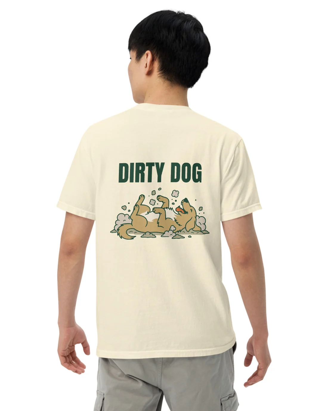The back of the Dirty Dog tee, worn by a second model.