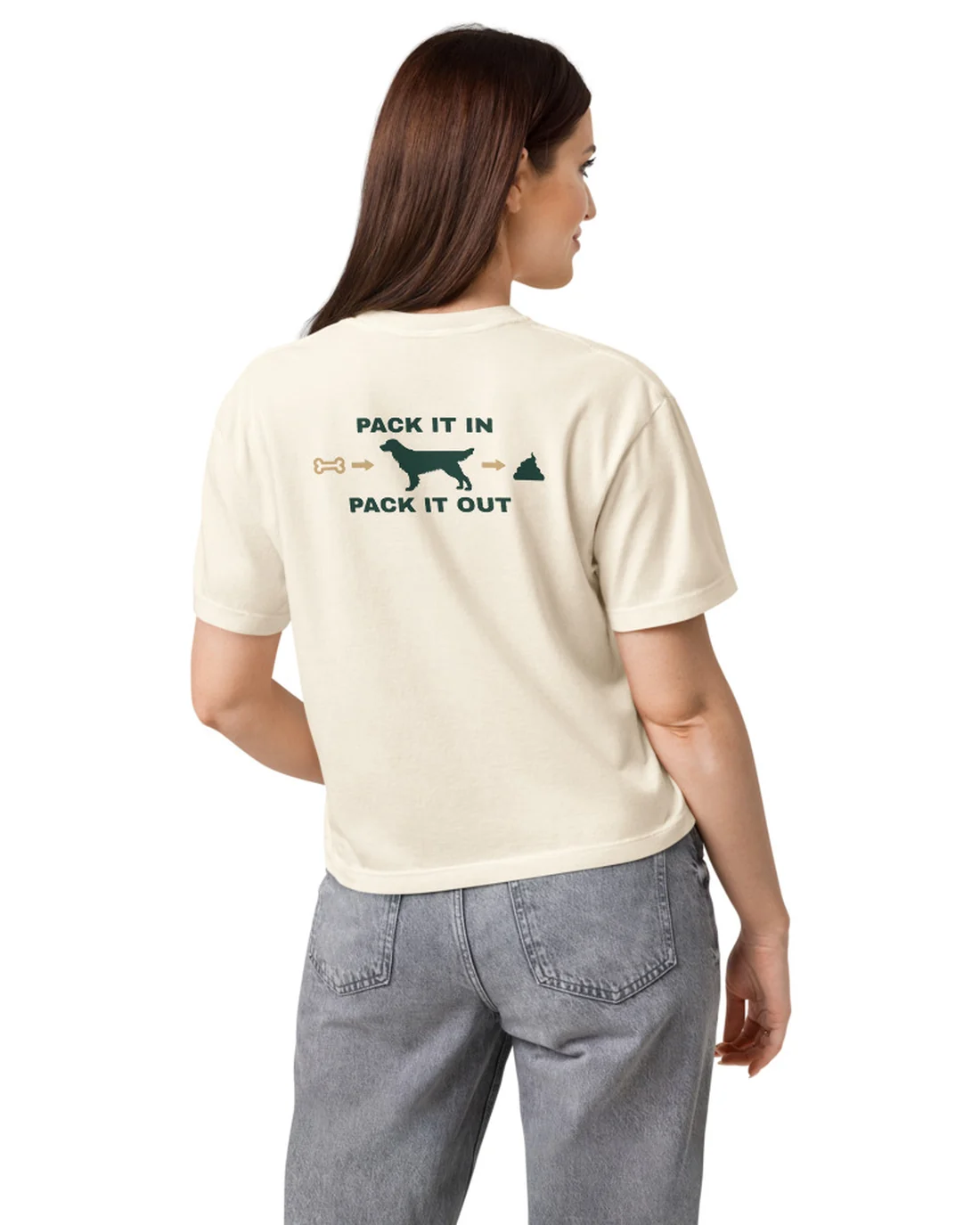 The back of the Pack It In, Pack It Out women&rsquo;s fit tee, worn by a model.