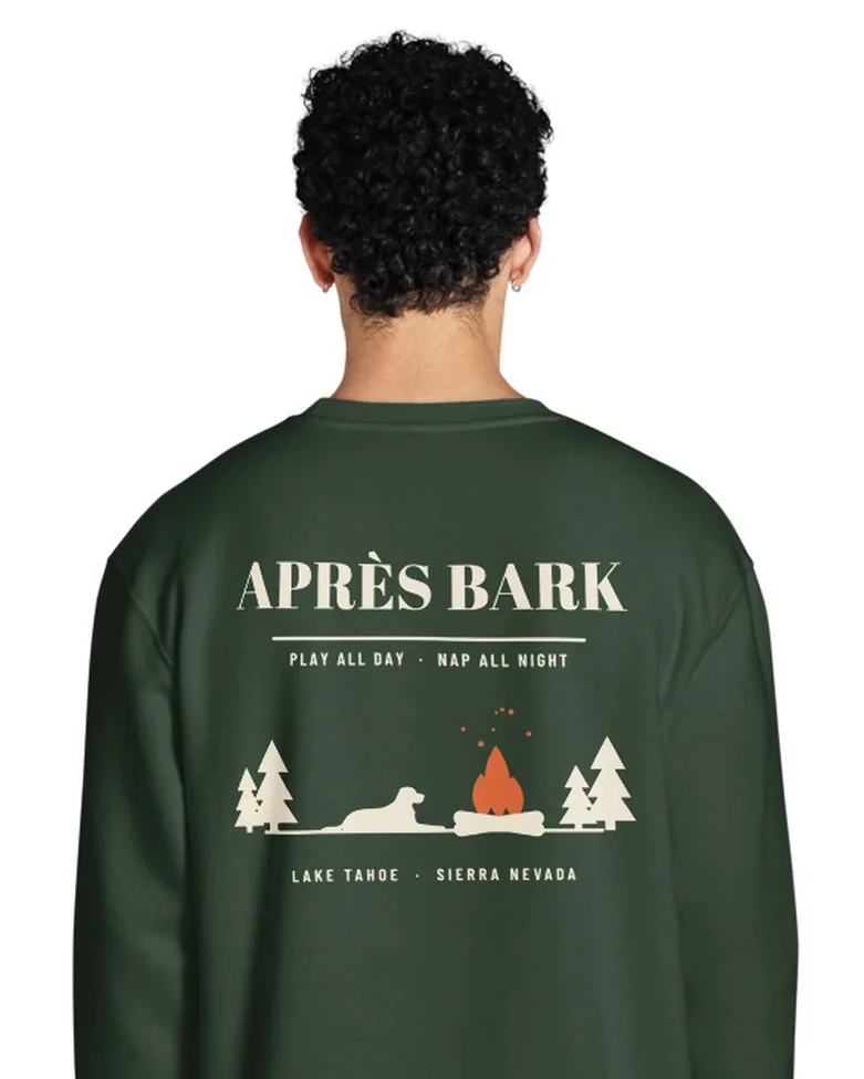 The Après Bark design on a crewneck, worn by a model, from the back.