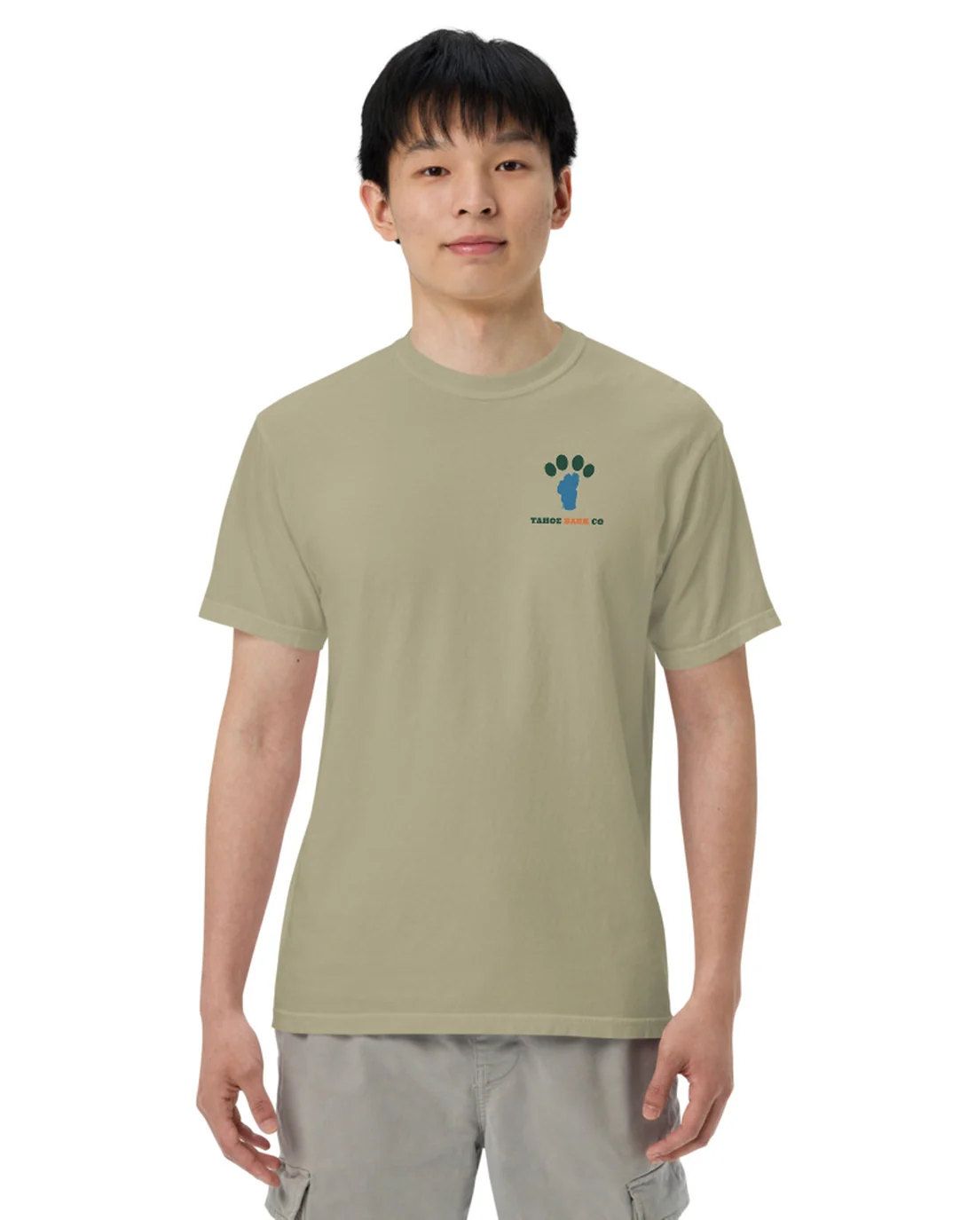 The front of the Dogs With Jobs tee, with the Tahoe Bark Co. logo at the heart.