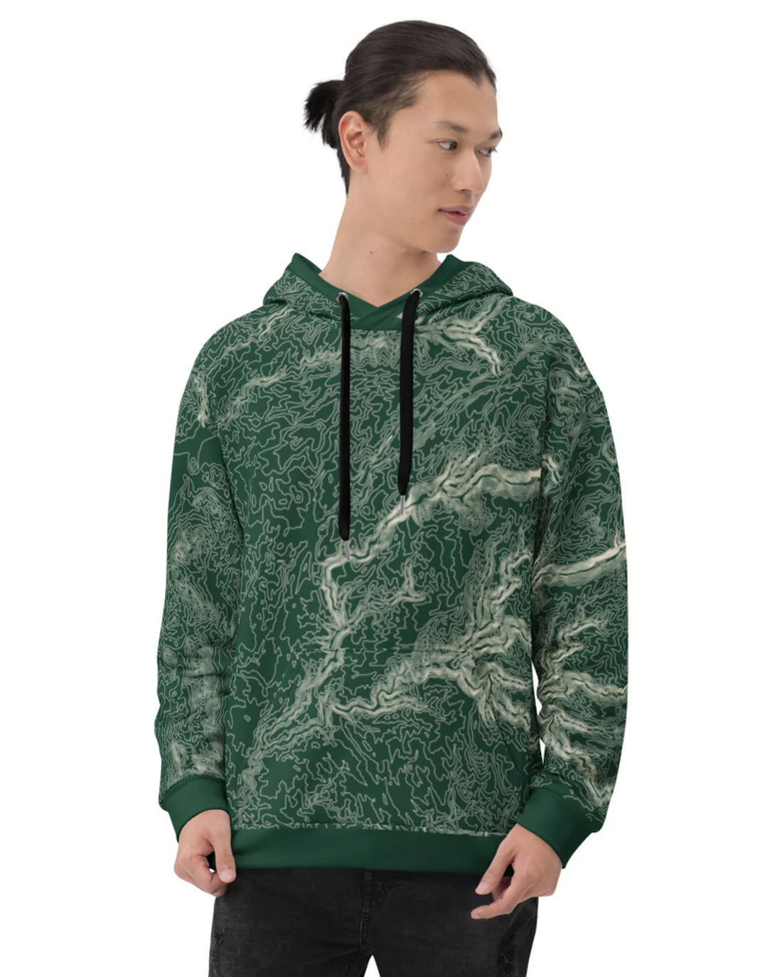 The front of the 1,645 Feet Deep hoodie, worn by a second model, the same map printed all over it.