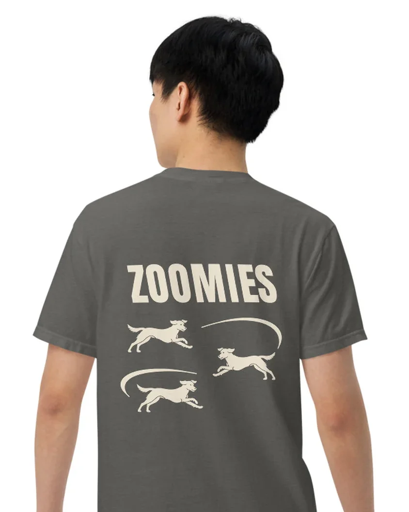 The Zoomies design on a tee, worn by a model, from the back.