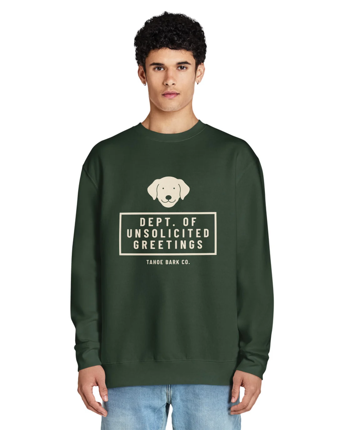 The front of the Dept. of Unsolicited Greetings crewneck, worn by a second model.