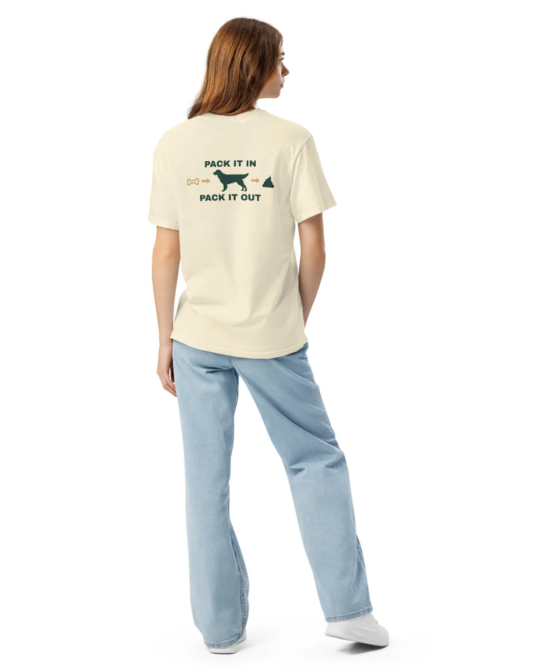 The Pack It In, Pack It Out design on a tee, worn by a model, from the back.