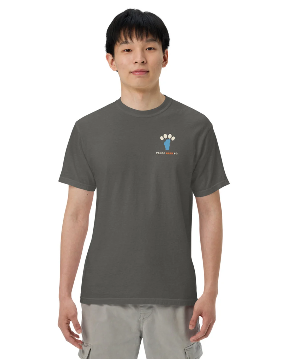 The front of the Powder Hound tee, with the Tahoe Bark Co. logo at the heart.