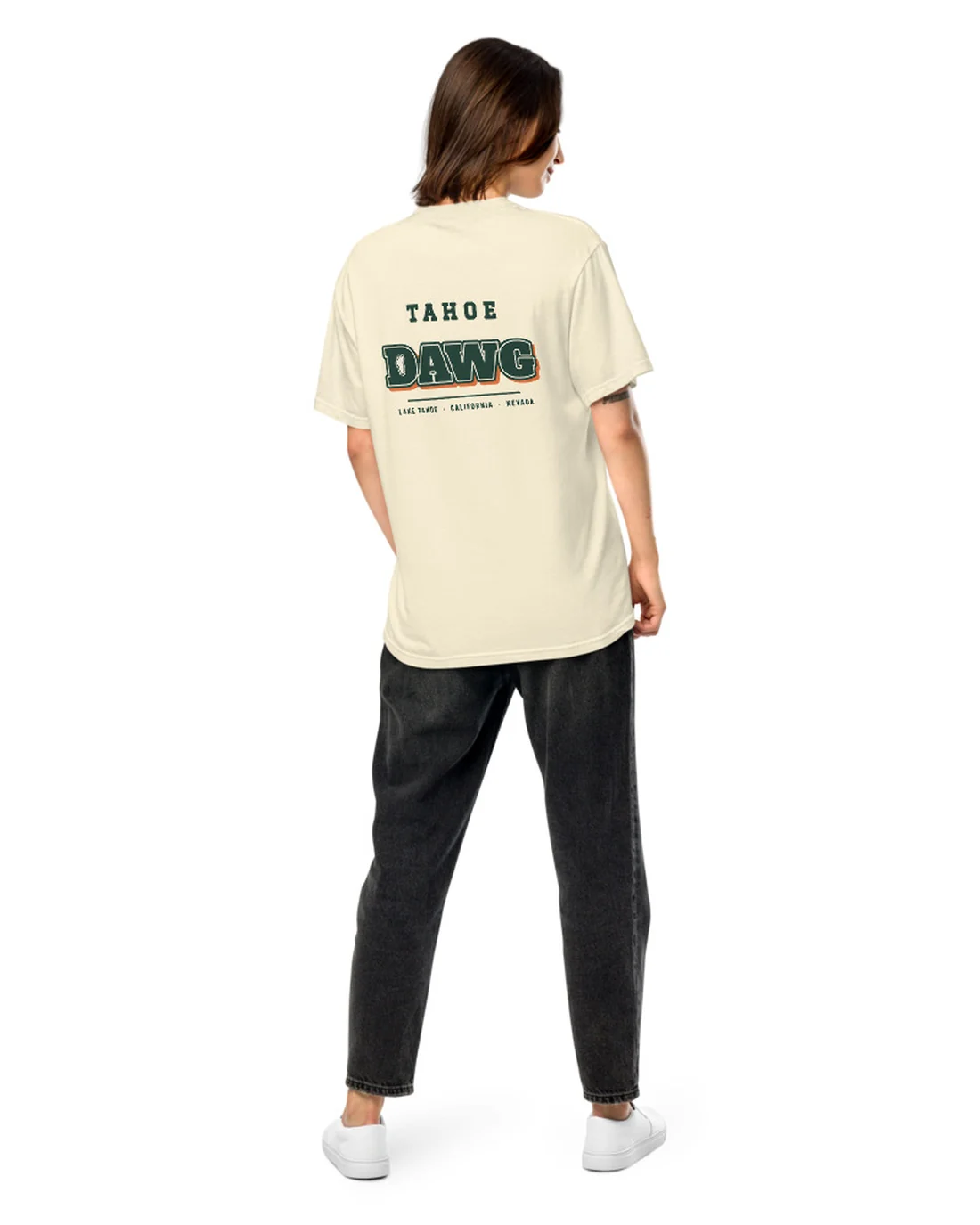 The back of the Tahoe Dawg tee, worn by a second model.